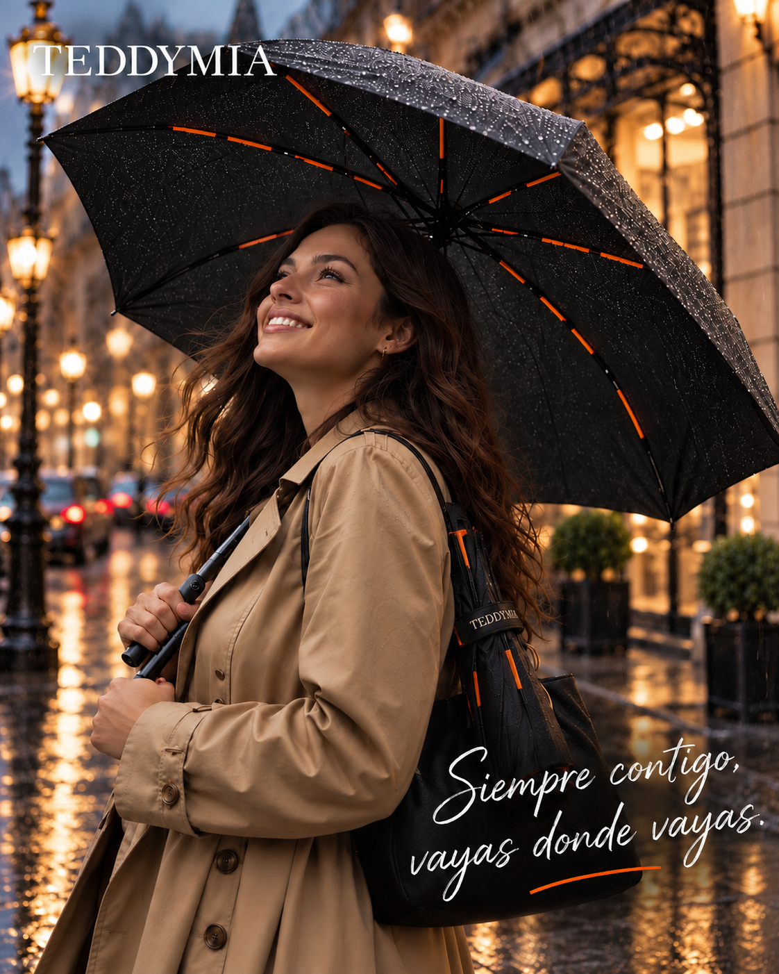 TeddyMia — élégant parapluie noir à accents orange sous la pluie
